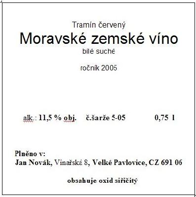 vzor etikety Tramín červený, Moravské zemské víno, bílé suché 