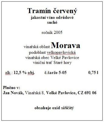 vzor etikety - Tramín červený, jakostní víno odrůdové, suché