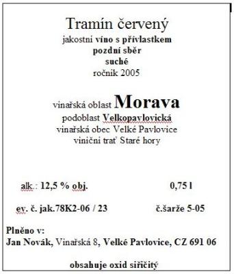 vzor etikety - Tramín červený, jakostní víno s přívlastkem, pozdní sběr, suché