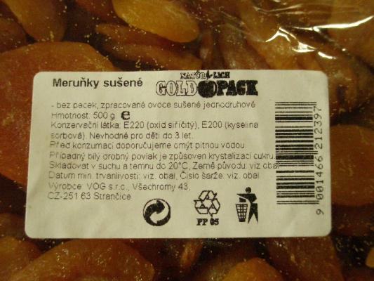 Meruňky sušené - obal výrobku