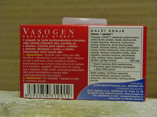 Vasogen - zadní strana výrobku